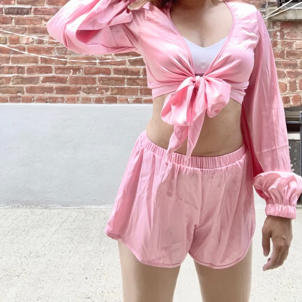 NEW two pieces set pink crop top shorts summer womens M;L - Picture 4 of 16